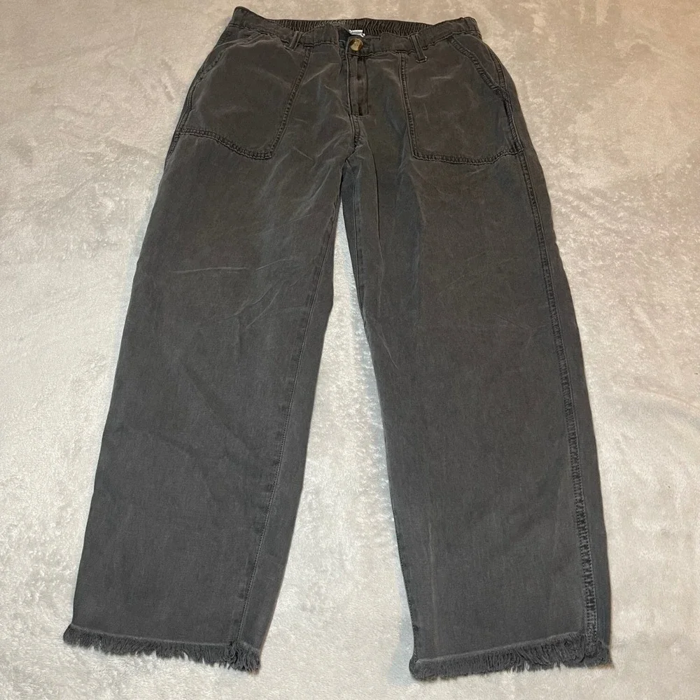 Aerie Pants Womens Large Gray High Waisted Wide Leg Raw Hem Cotton Linen Utility